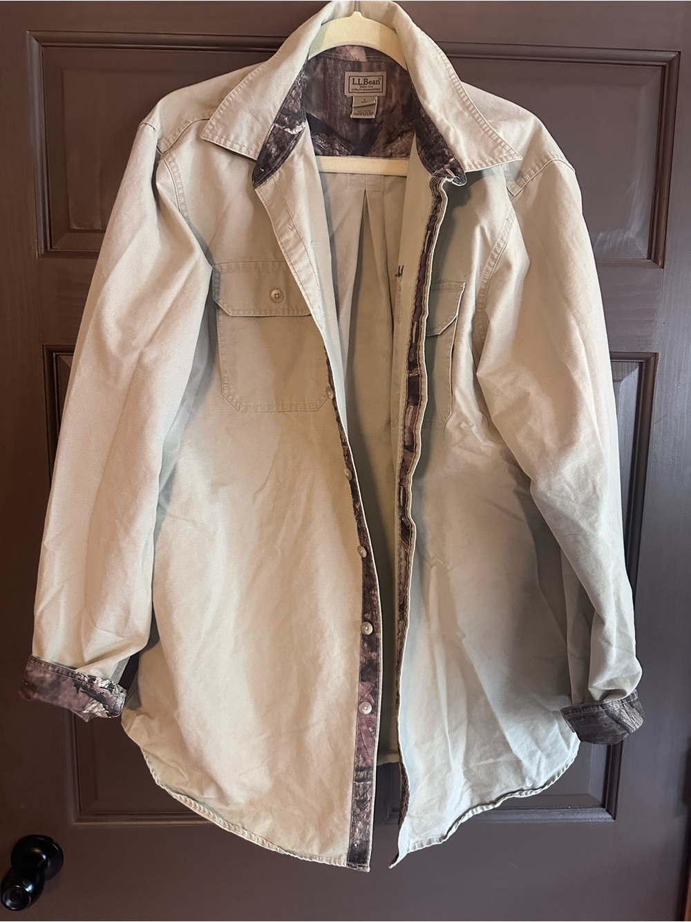 L.L. Bean Men's Cream Button-Down Utility Shirt with Brown Trim